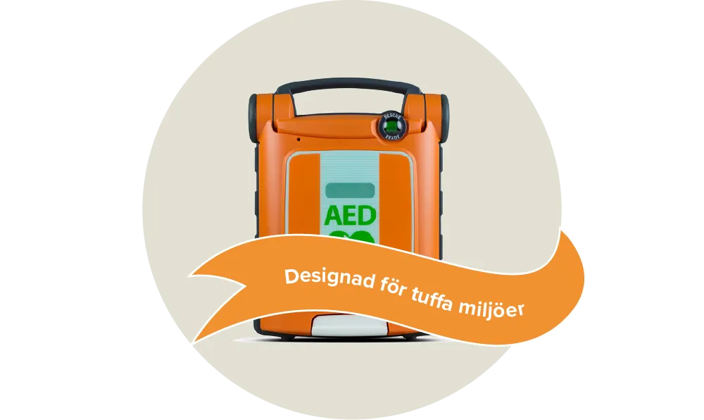 Orange hjärtstartare som har en grön hjärtikon med pil i mitten samt texten AED. Etikett: Designad för tuffa miljöer