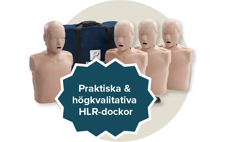 4st Prestan Junior HLR dockor ch en mörk blå nylonväska med texten Prestan child på. Etikett: Praktiska och högkvalitativa HLR-dockor