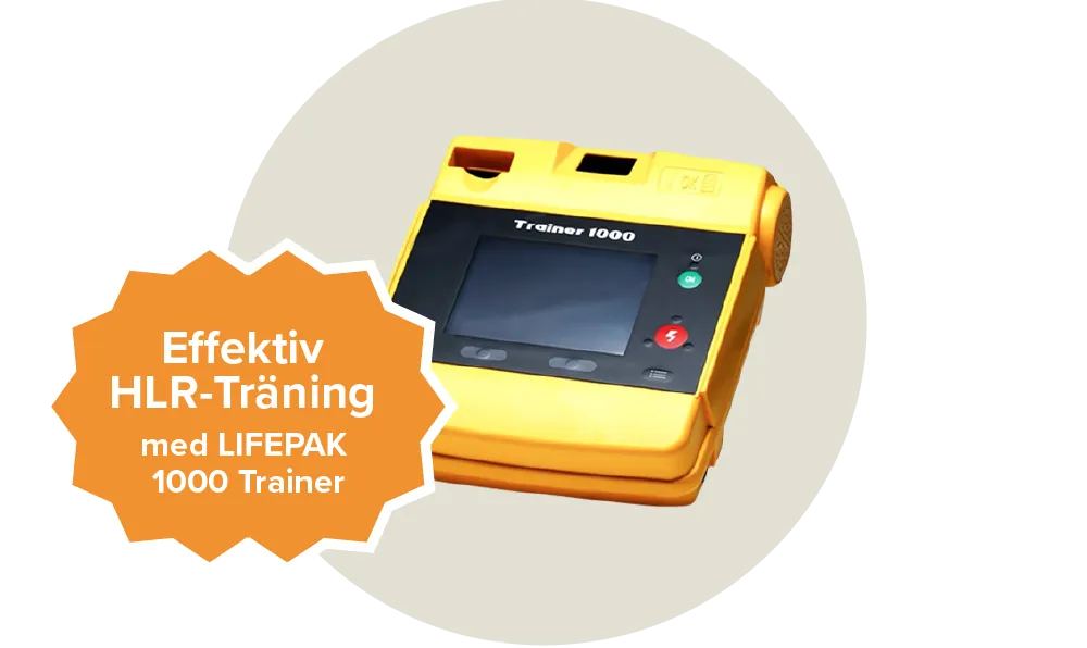 En gul övningshjärtstartare med en svart skärm och två knappar. Etikett: Effektiv HLR-träning, med Lifepak 1000 Trainer.
