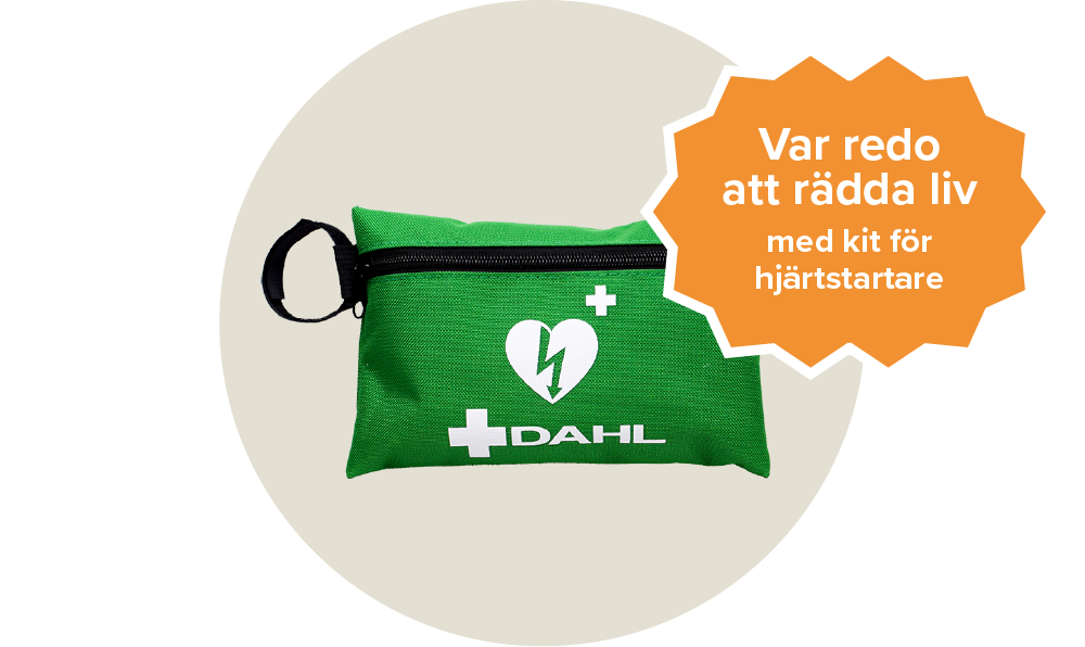Ett grönt kit för hjärtstartare med ett vitt hjärta på. Etikett: Var redo att rädda liv med kit för hjärtstartare. 