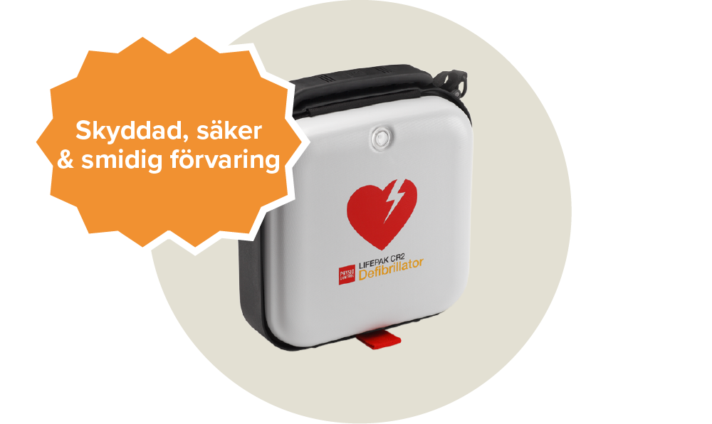 En vit väska för hjärtstartare med ett rött hjärta på. Passar till Lifepak cr2. Etikett: Skyddad, säker & smidig förvaring.