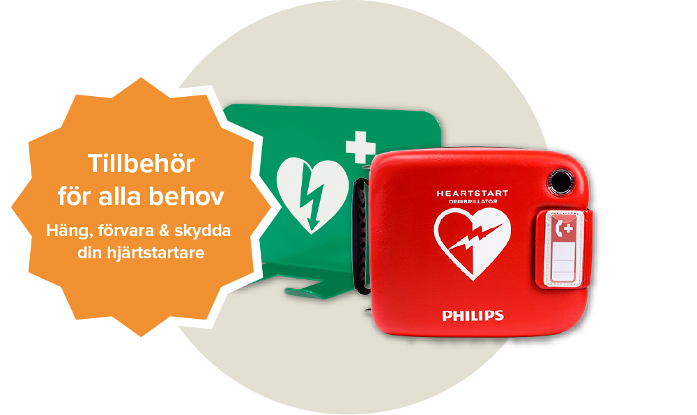 En röd väska och ett grönt väggfäste för hjärtstartare. Etikett: Tillbehör för alla behov. Häng, förvara & skydda din hjärtstartare.