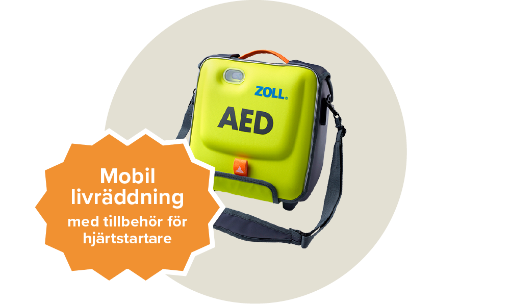 En gul väska för hjärtstartare med ett texten AED på. Passar till Zoll AED Etikett: Mobil livräddning med tillbehör för hjärtstartare.