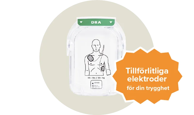 En vit och grön elektrod till hjärstartaren PHILIPS HeartStart HS1. Etikett: Tillförlitliga elektroder för din trygghet